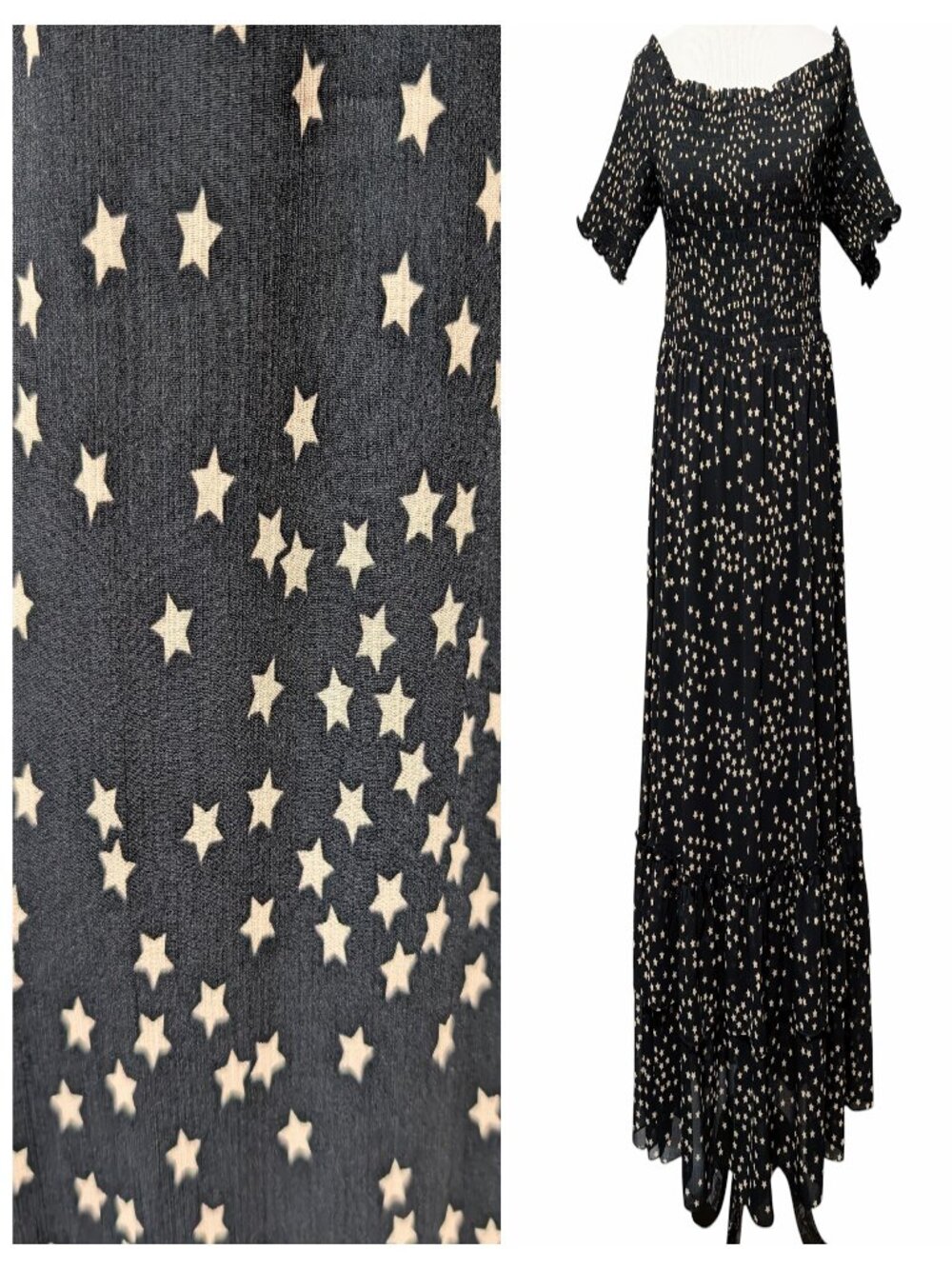 L'Agence Women Sz L Oriel Black Tan Stars Off Shoulder Smocked Ruffle MIdi Dress
